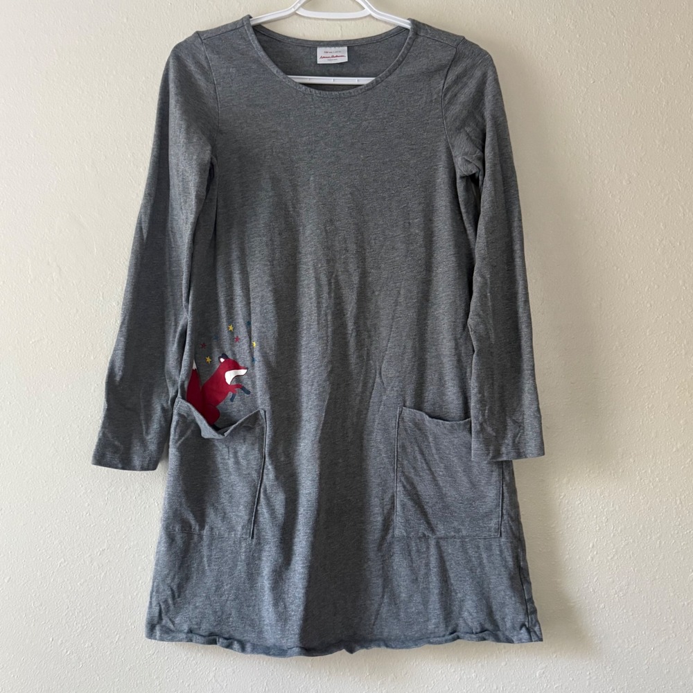 Hanna Andersson Girls Gray Fox Pocket Long Sleeve Cotton Dress 150 US 12 52496
